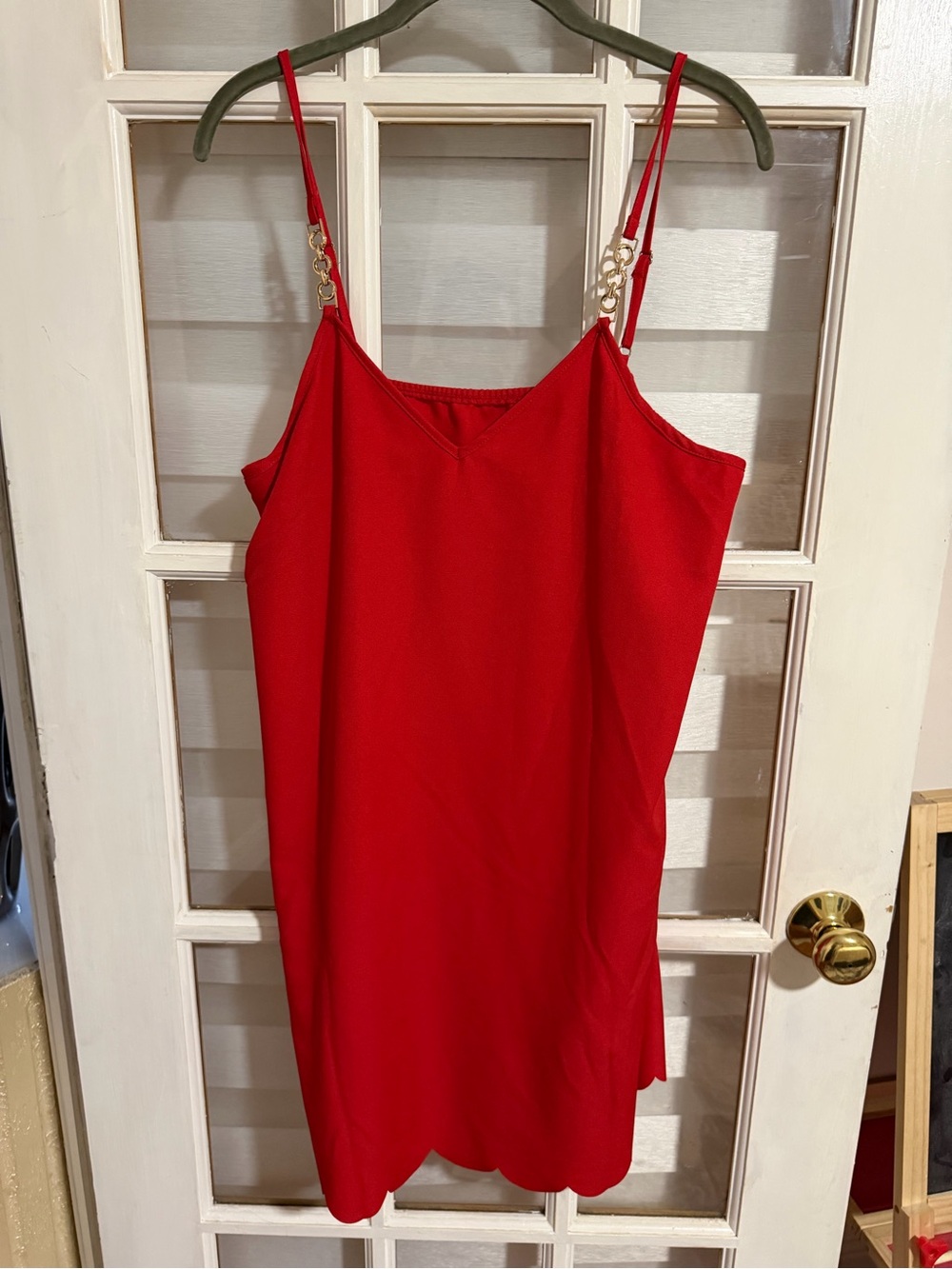 Red Slip Dress with Gold Chain Straps